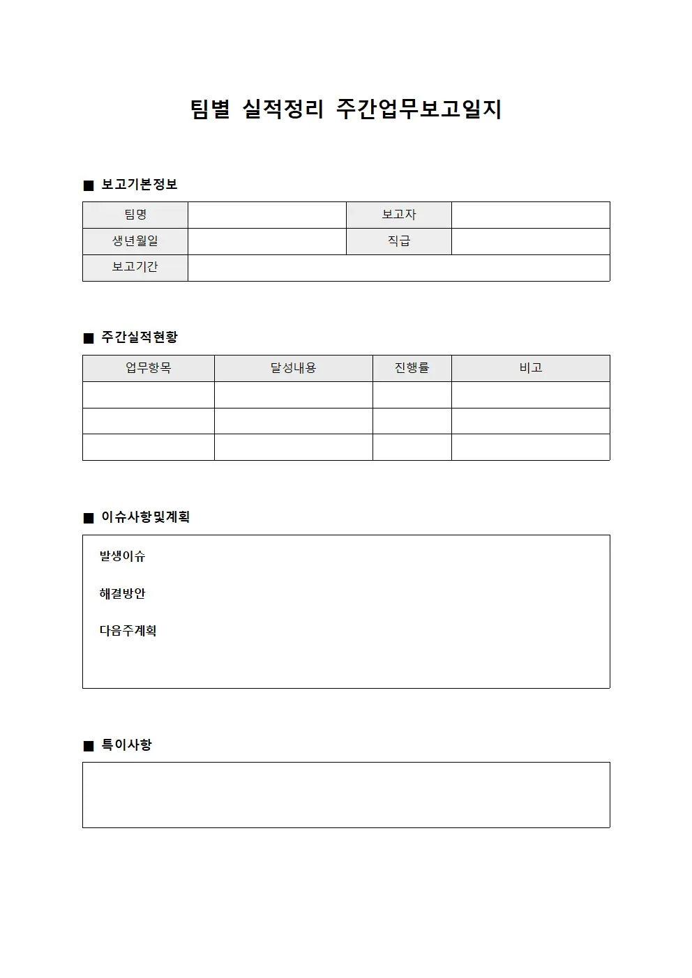 팀별 실적정리 주간업무보고일지