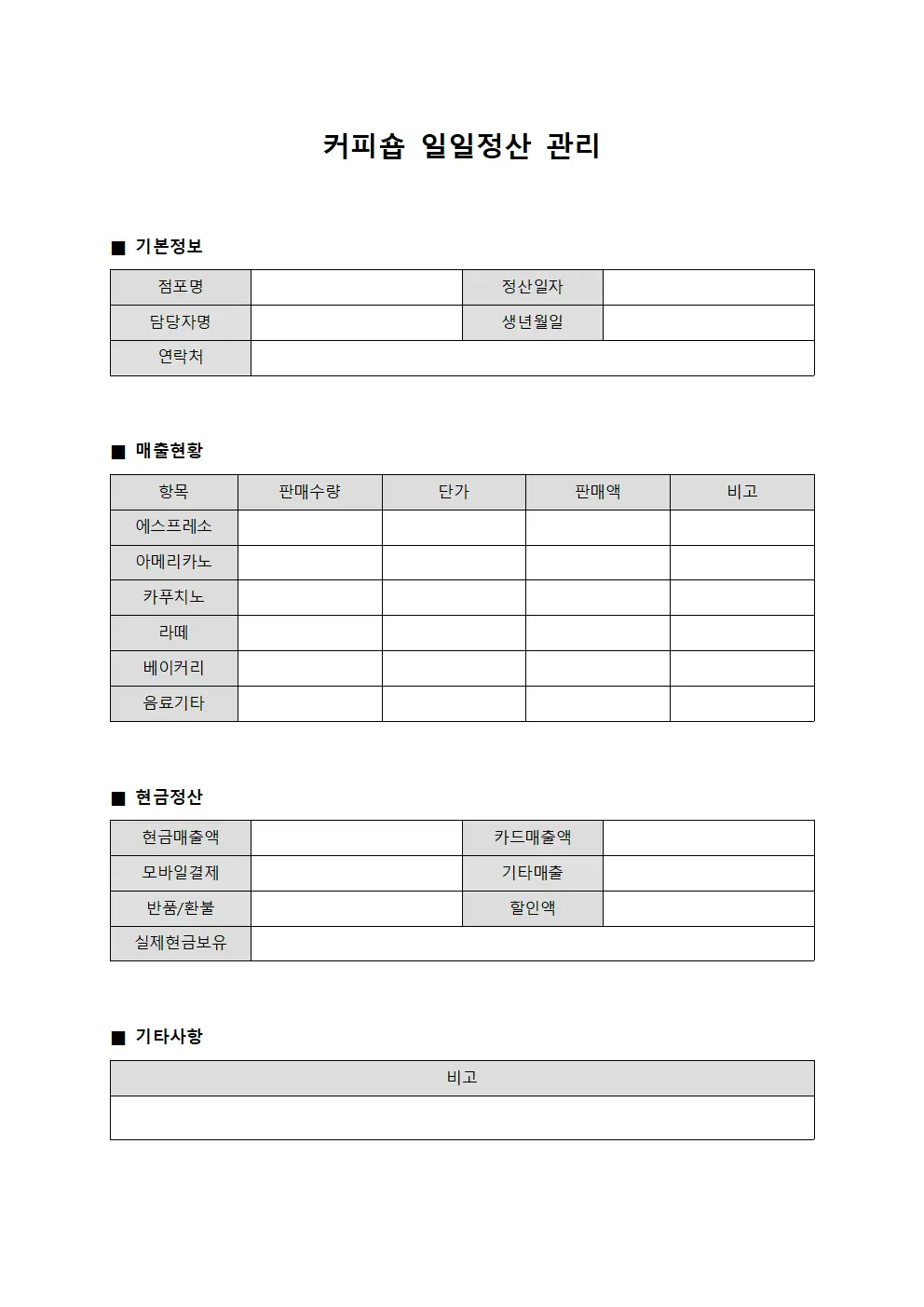 커피숍 일일정산 관리