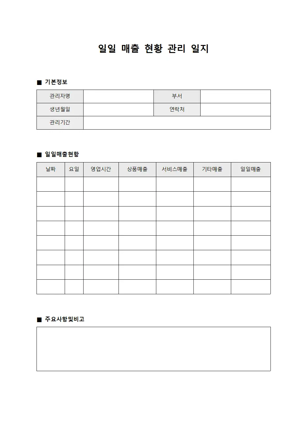 일일 매출 현황 관리 일지