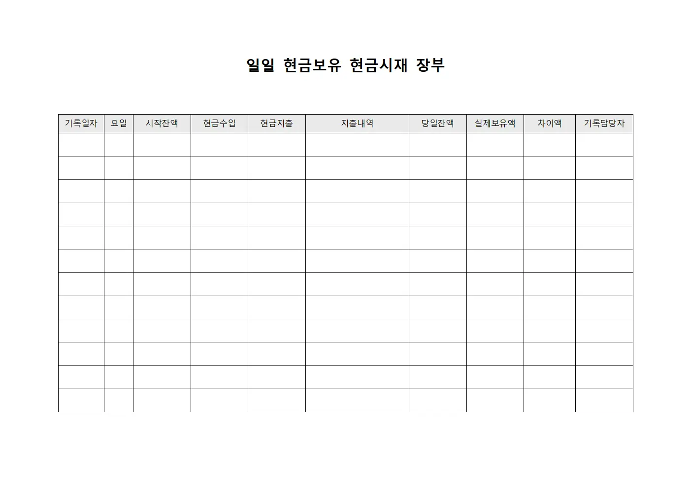 일일 현금보유 현금시재 장부