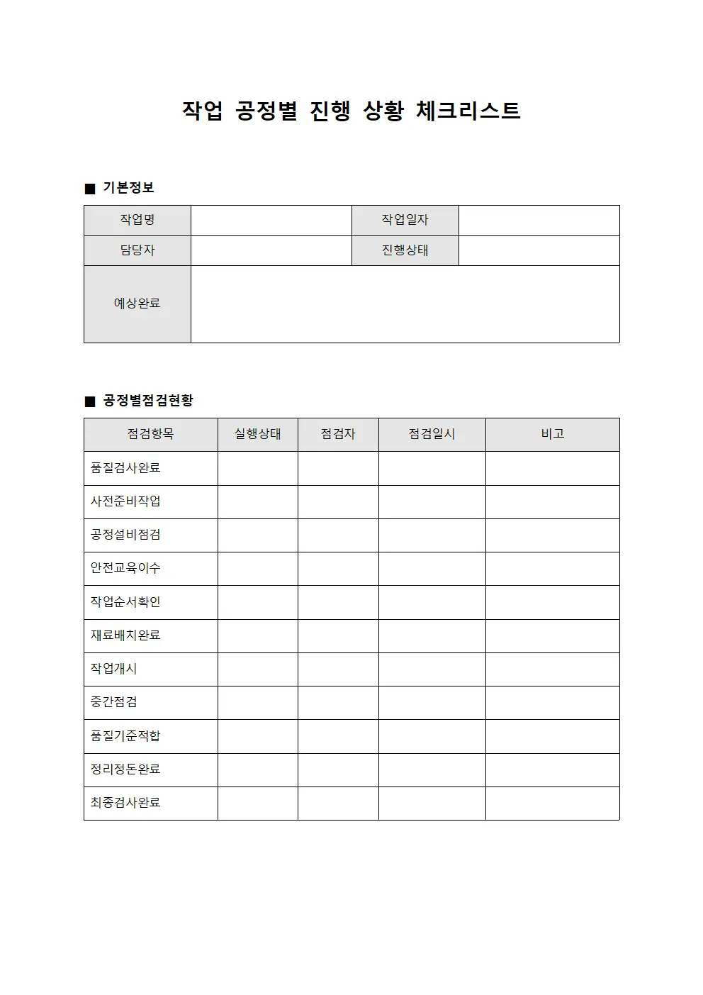 작업 공정별 진행 상황 체크리스트