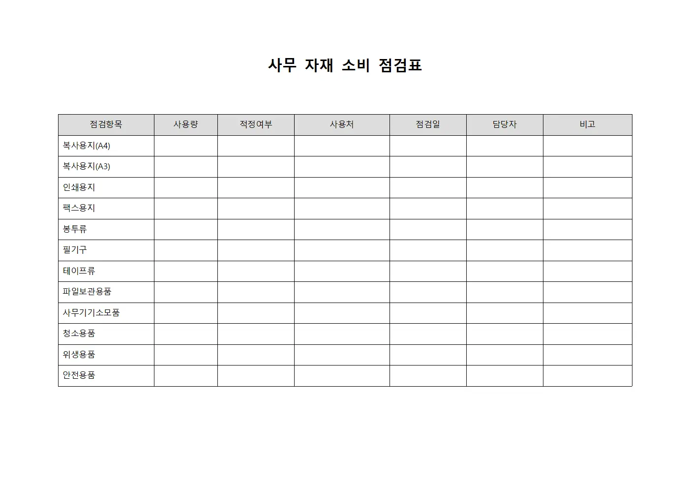 사무 자재 소비 점검표 템플릿