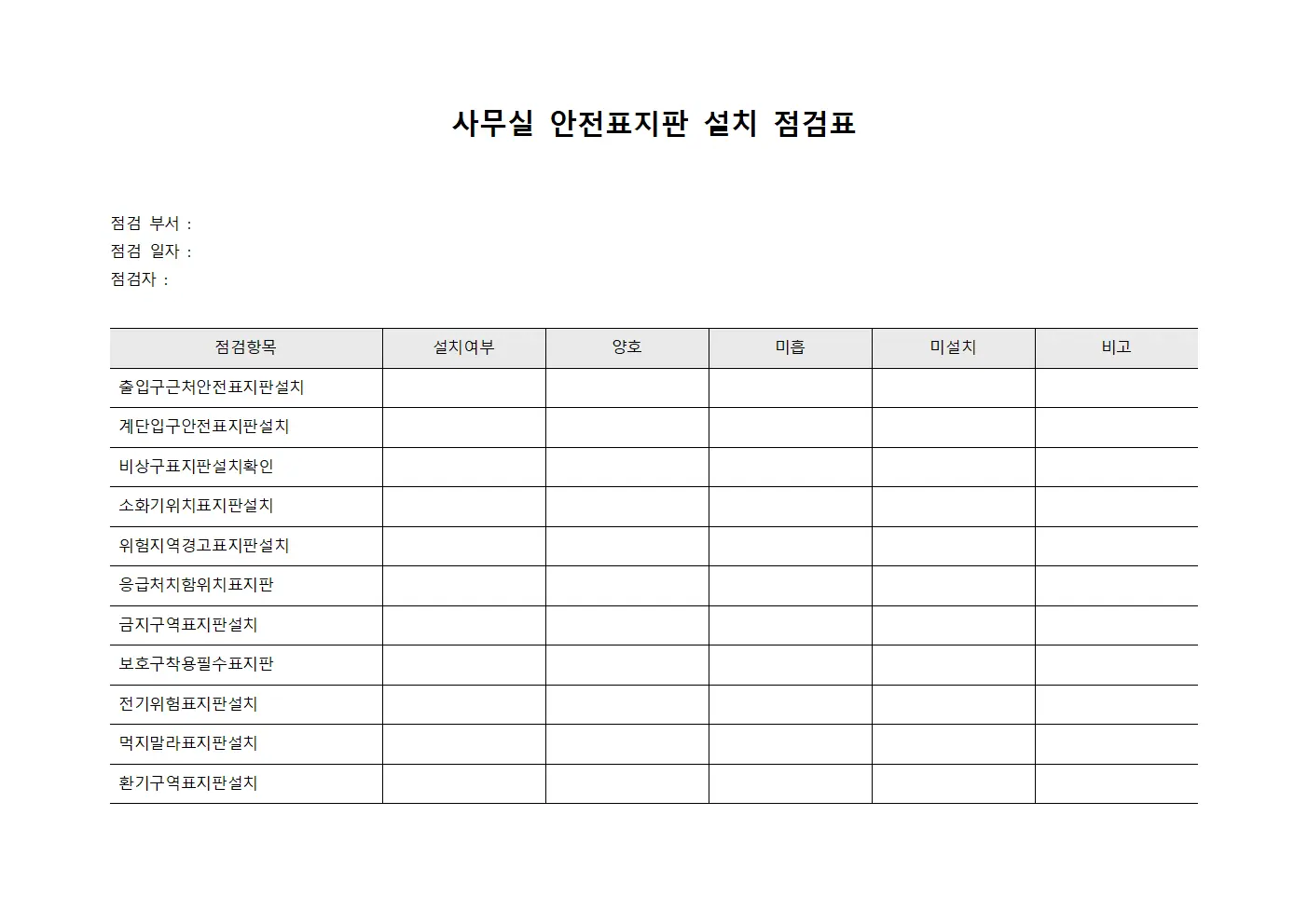 사무실 안전표지판 설치 점검표