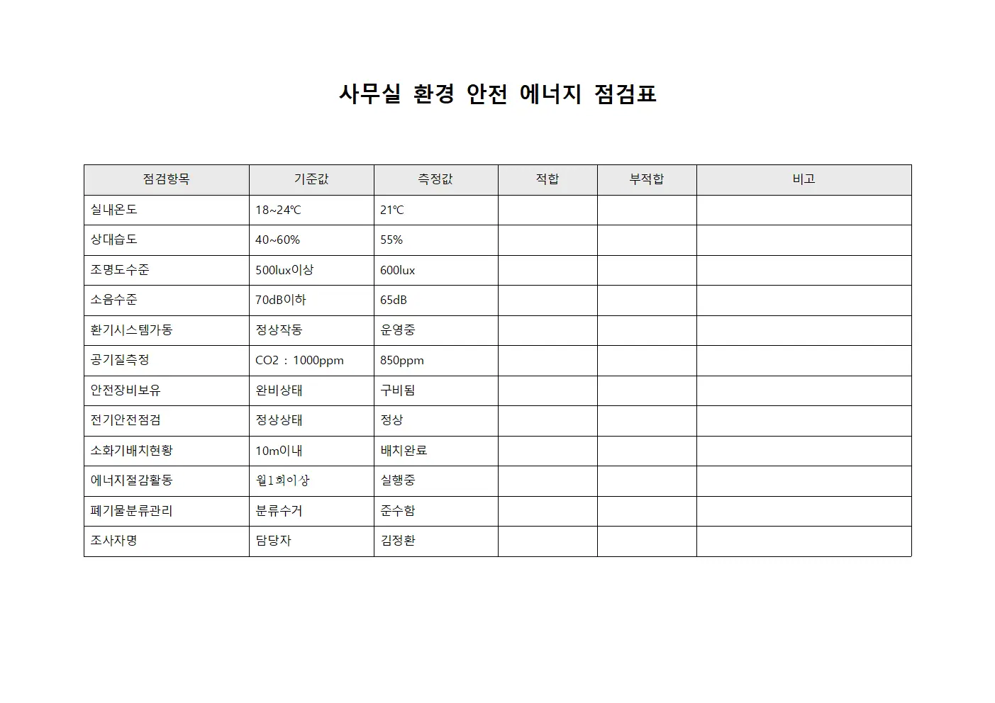 사무실 환경 안전 에너지 점검표