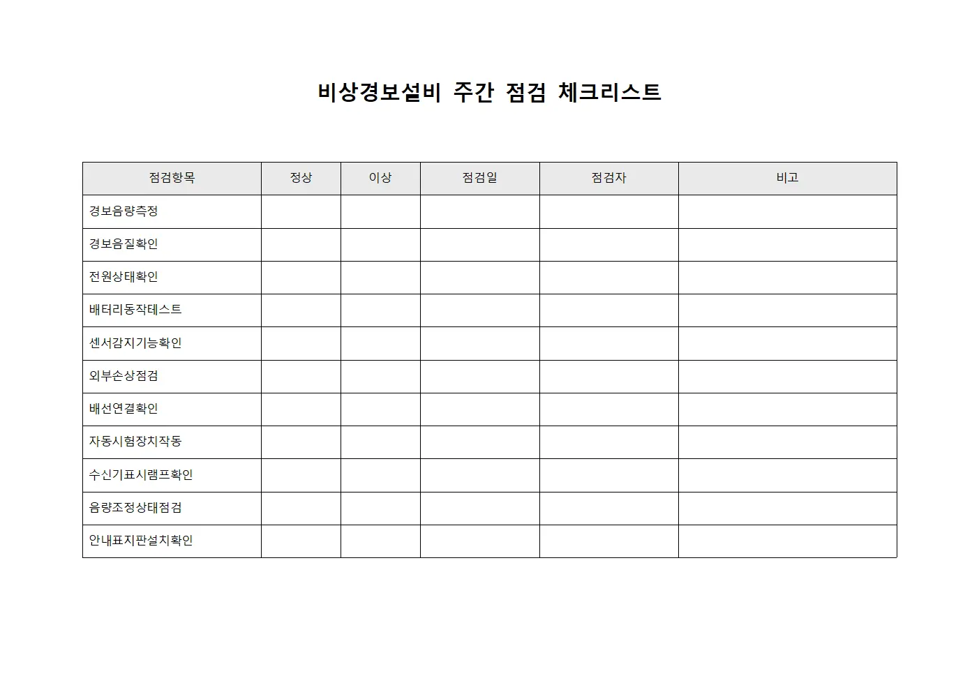 비상경보설비 주간 점검 체크리스트 파일양식