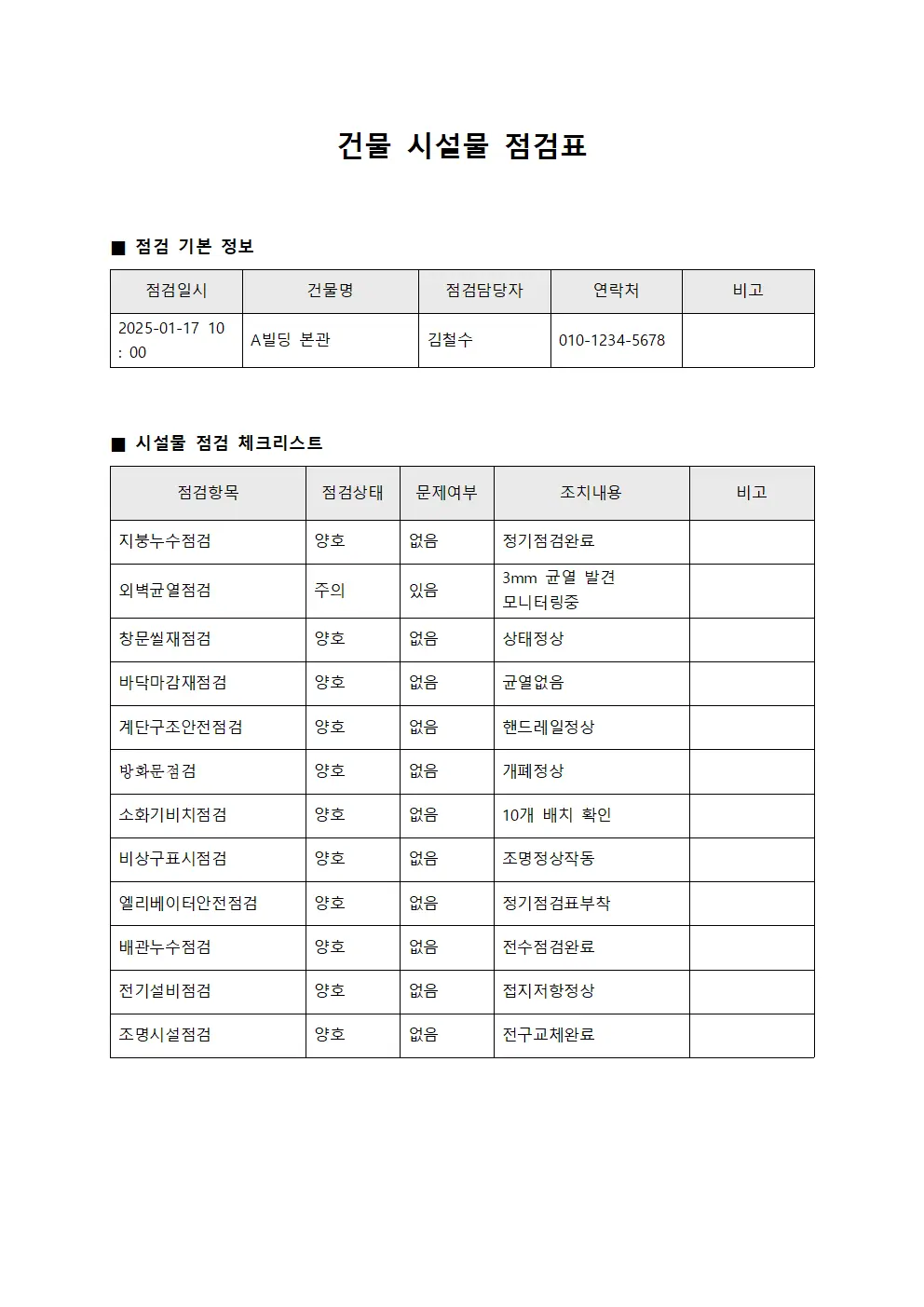 건물 시설물 점검표