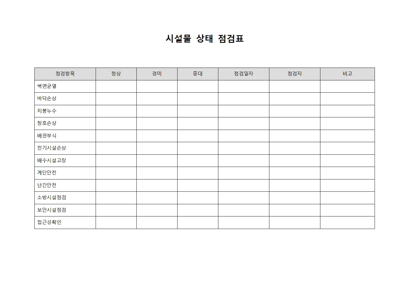 시설물 상태 점검표 파일서식