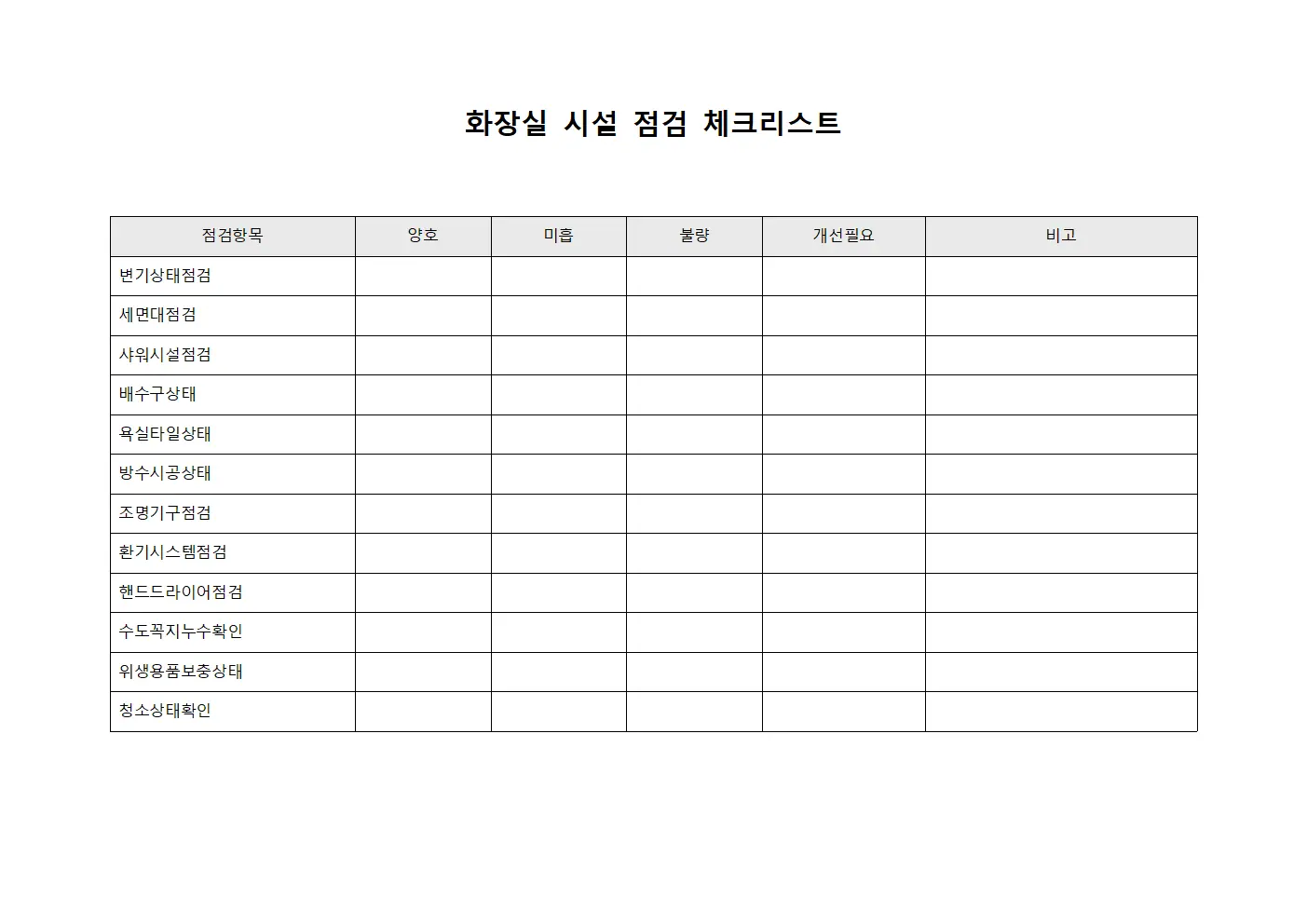 화장실 시설 점검 체크리스트 양식.서식