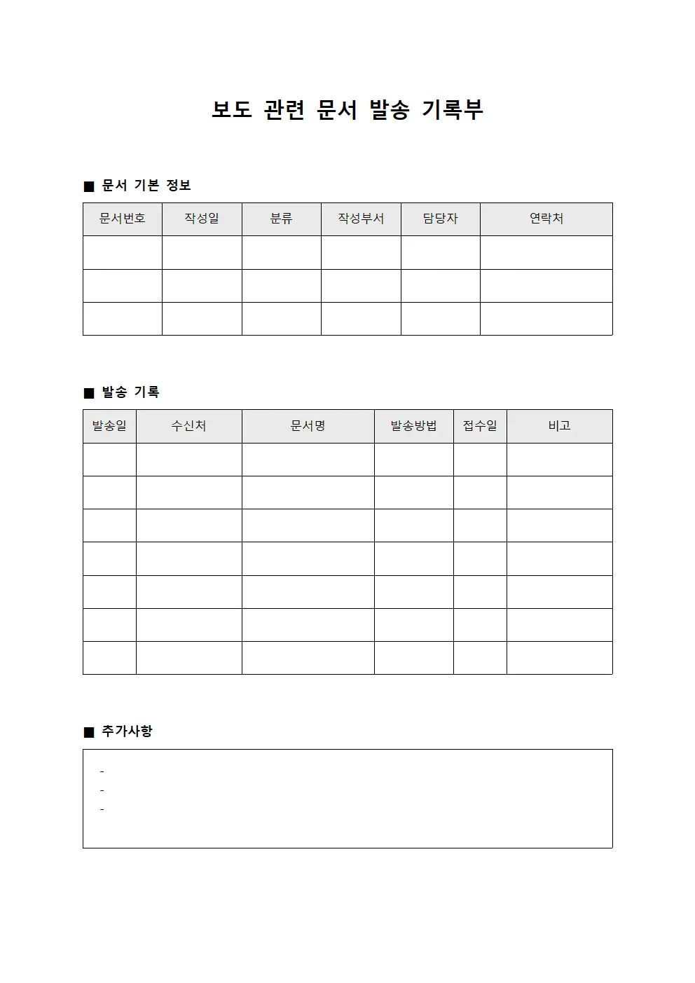 보도 관련 문서 발송 기록부