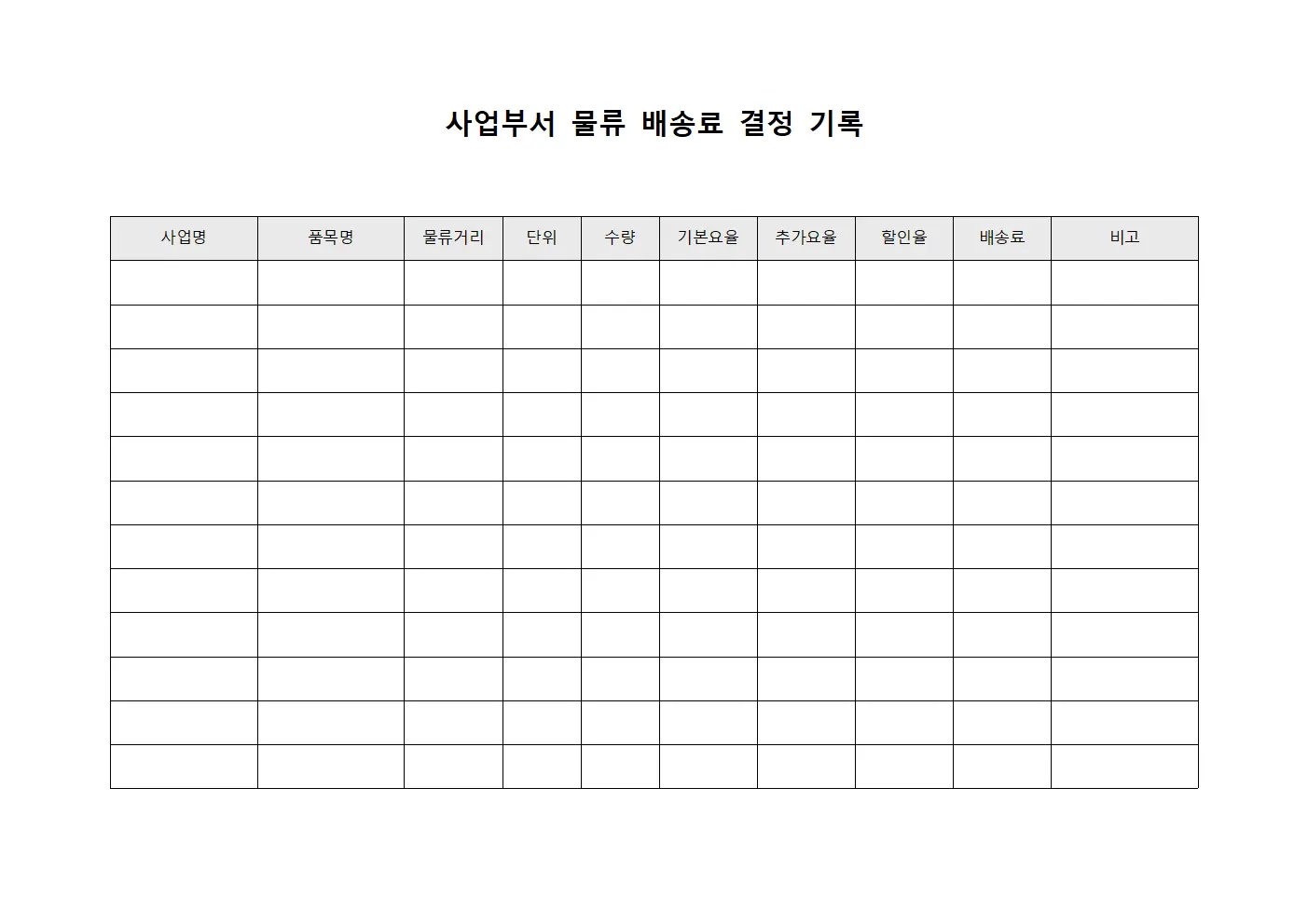 사업부서 물류 배송료 결정 기록 서식문서