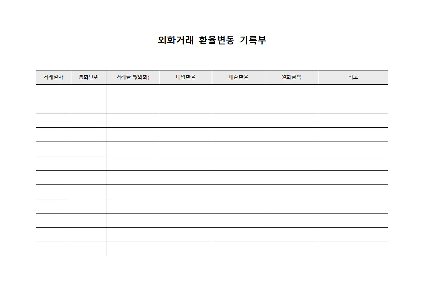 외화거래 환율변동 기록부 문서서식
