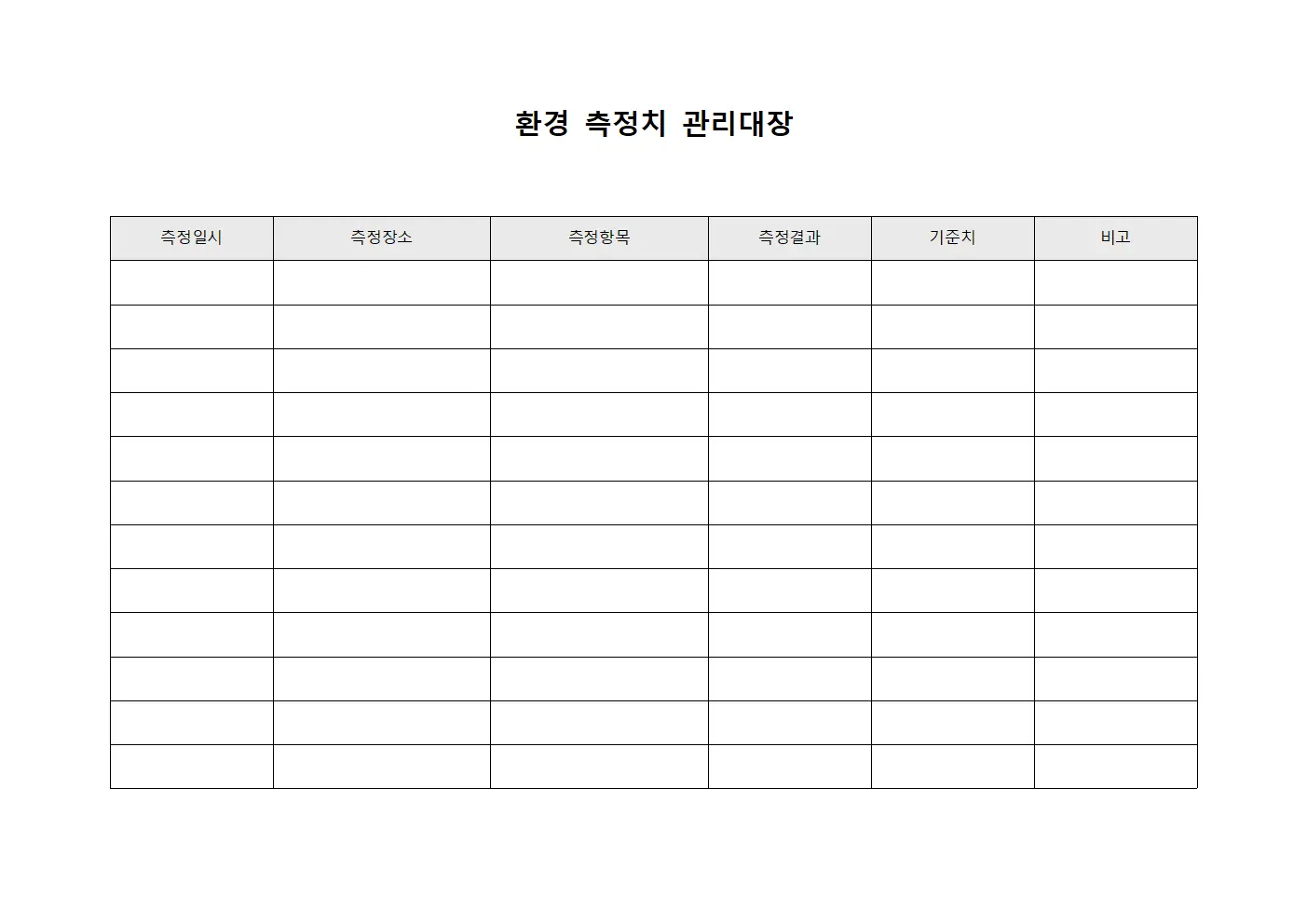 환경 측정치 관리대장 양식문서