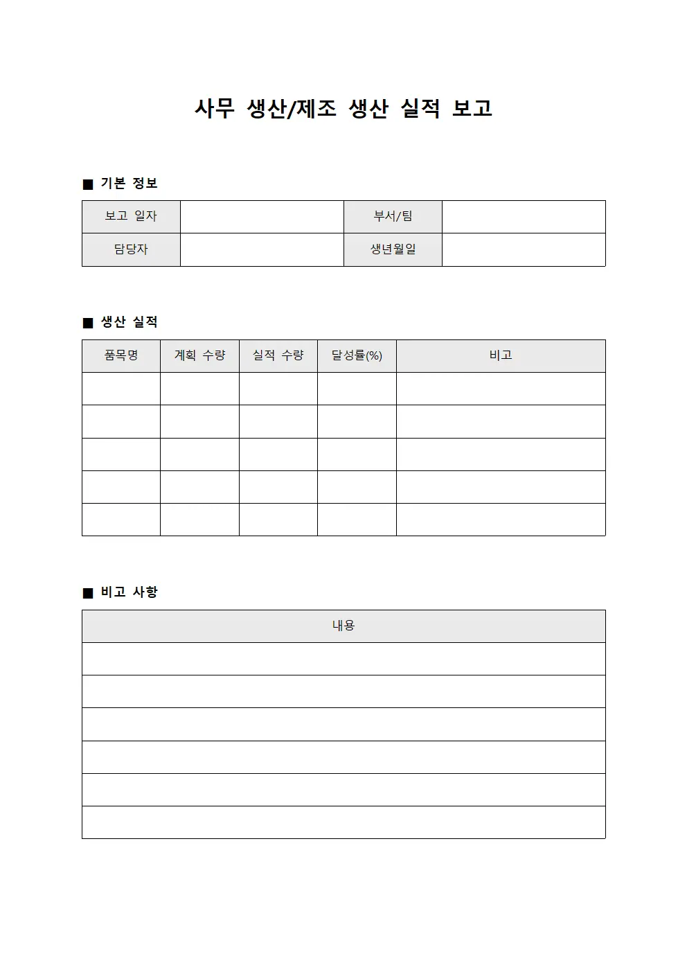 사무 생산/제조 생산 실적 보고