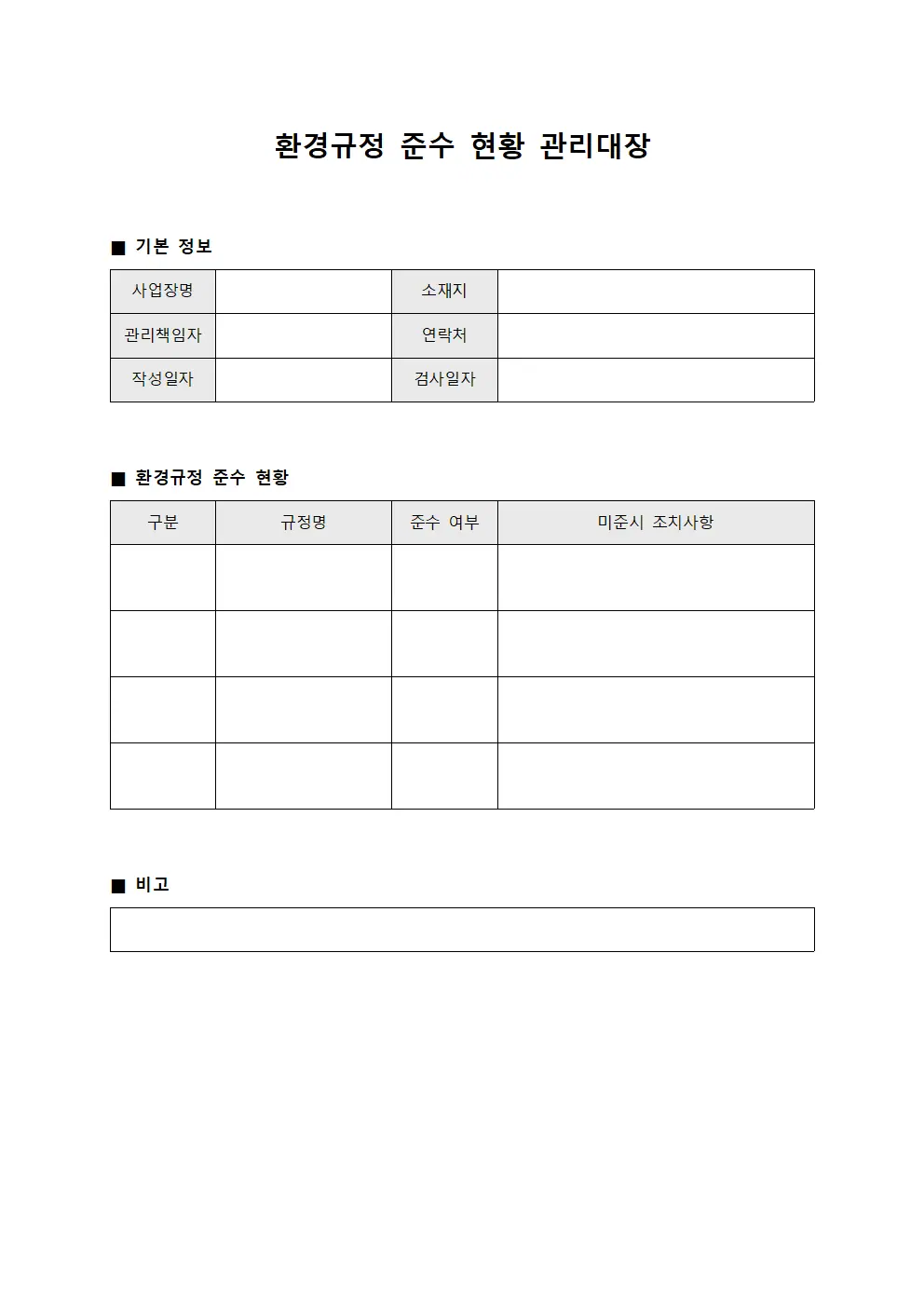 환경규정 준수 현황 관리대장