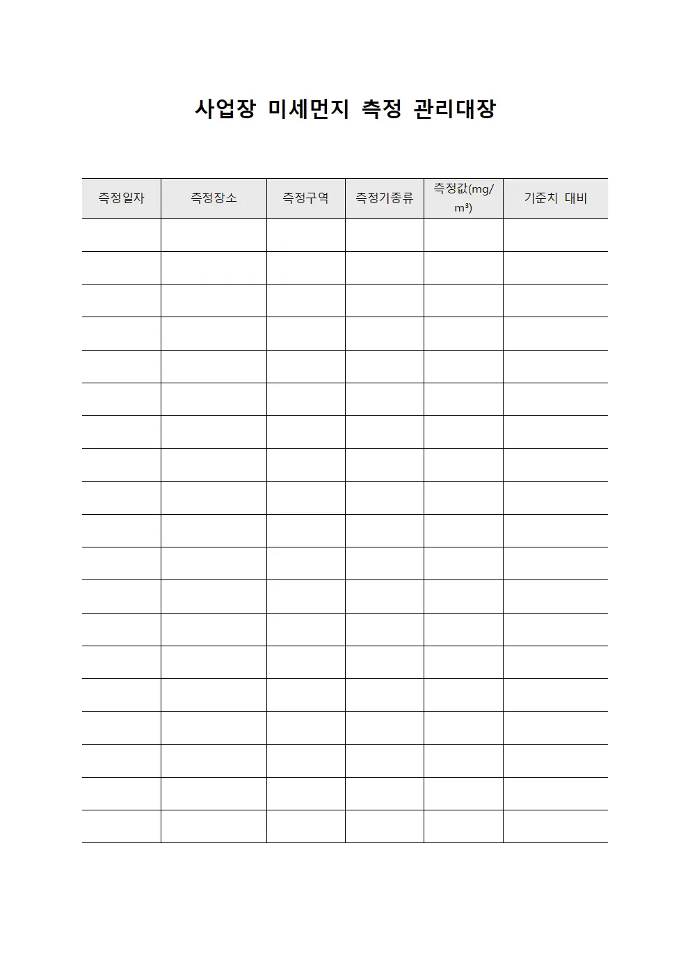 사업장 미세먼지 측정 관리대장