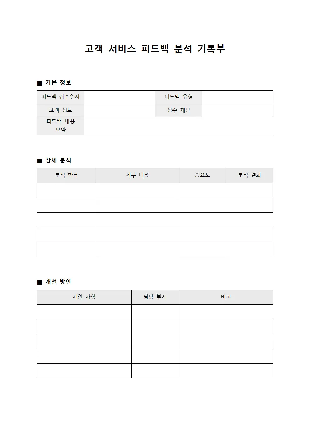 고객 서비스 피드백 분석 기록부 서식