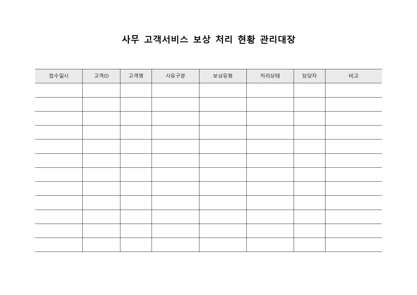 사무 고객서비스 보상 처리 현황 관리대장