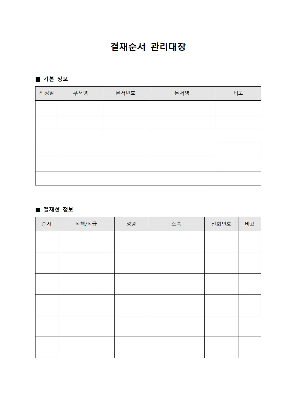 결재순서 관리대장 양식문서