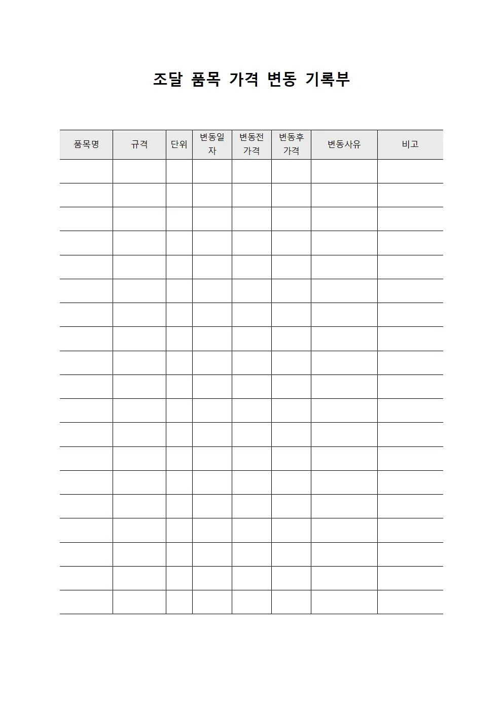 조달 품목 가격 변동 기록부 템플릿 양식