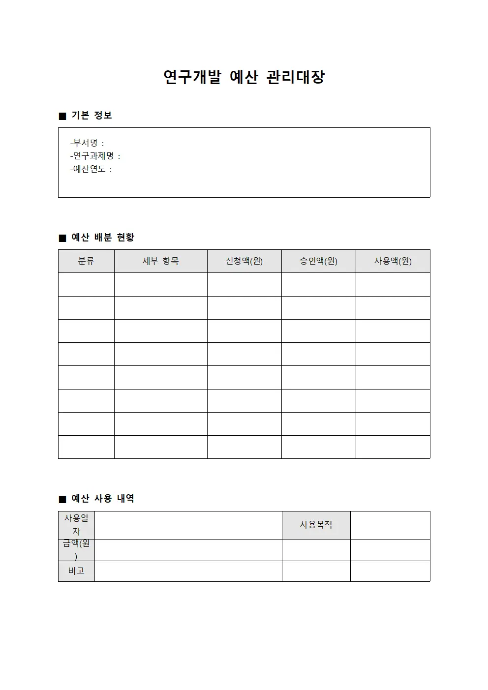 연구개발 예산 관리대장 템플릿 양식