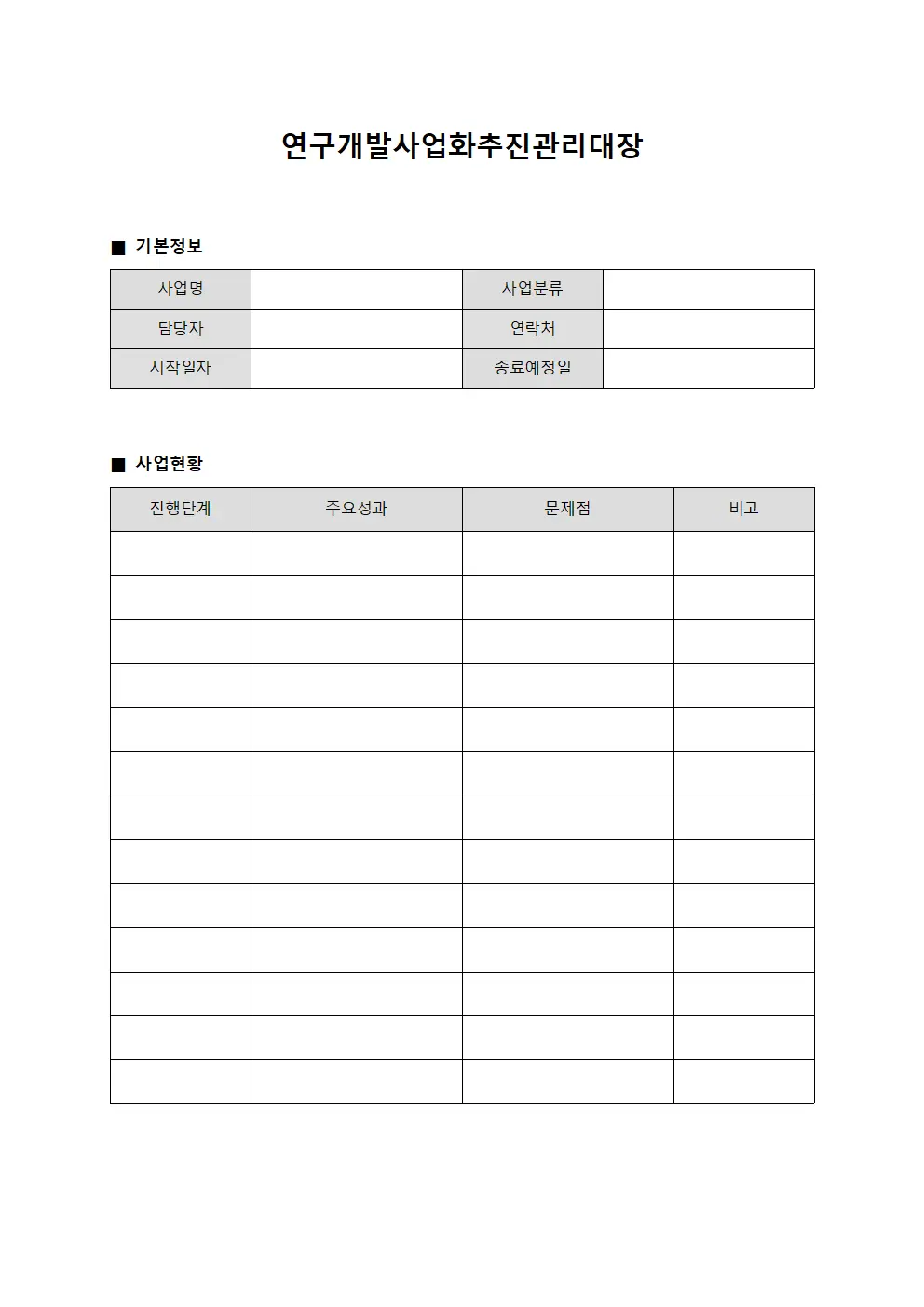 연구개발사업화추진관리대장 서식문서