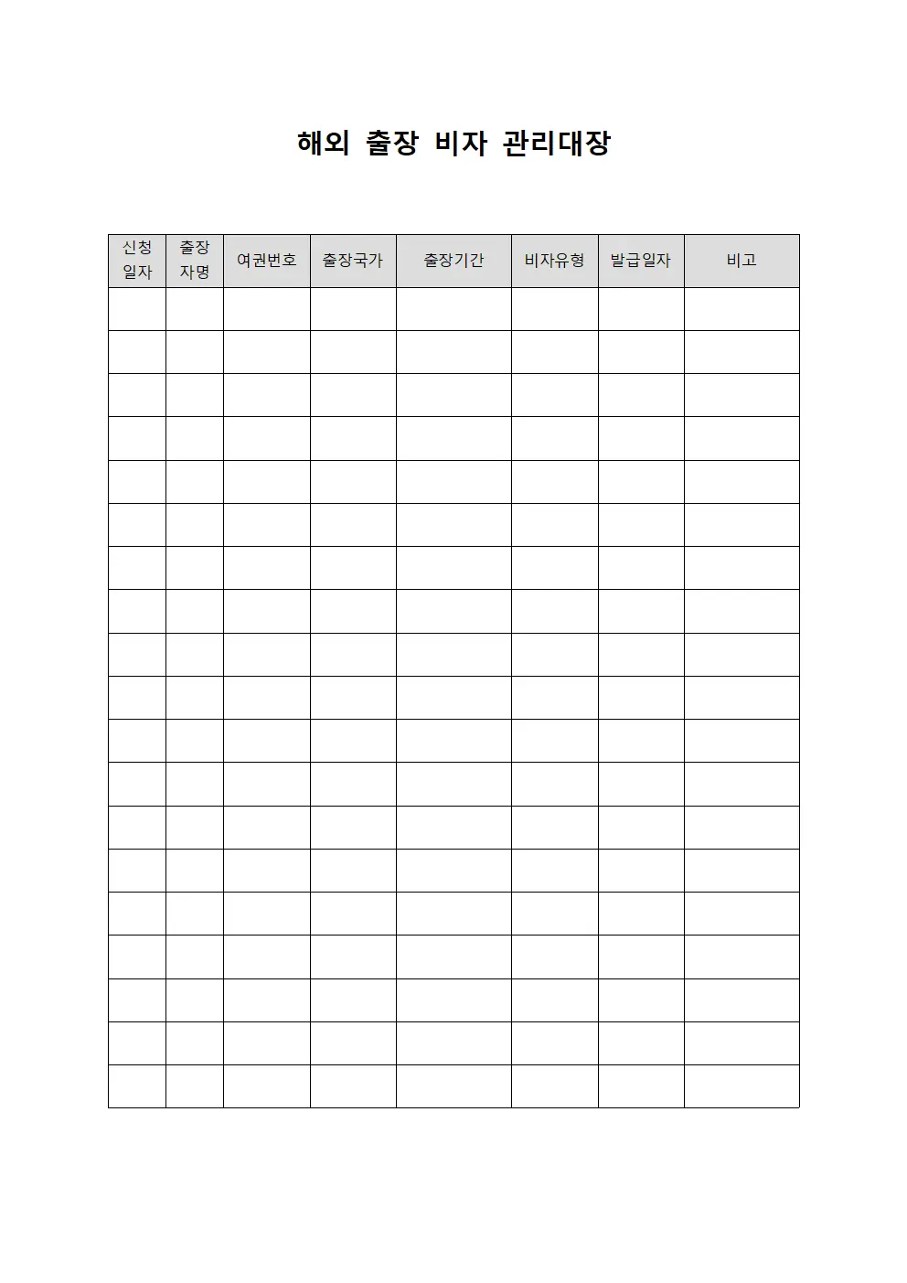 해외 출장 비자 관리대장
