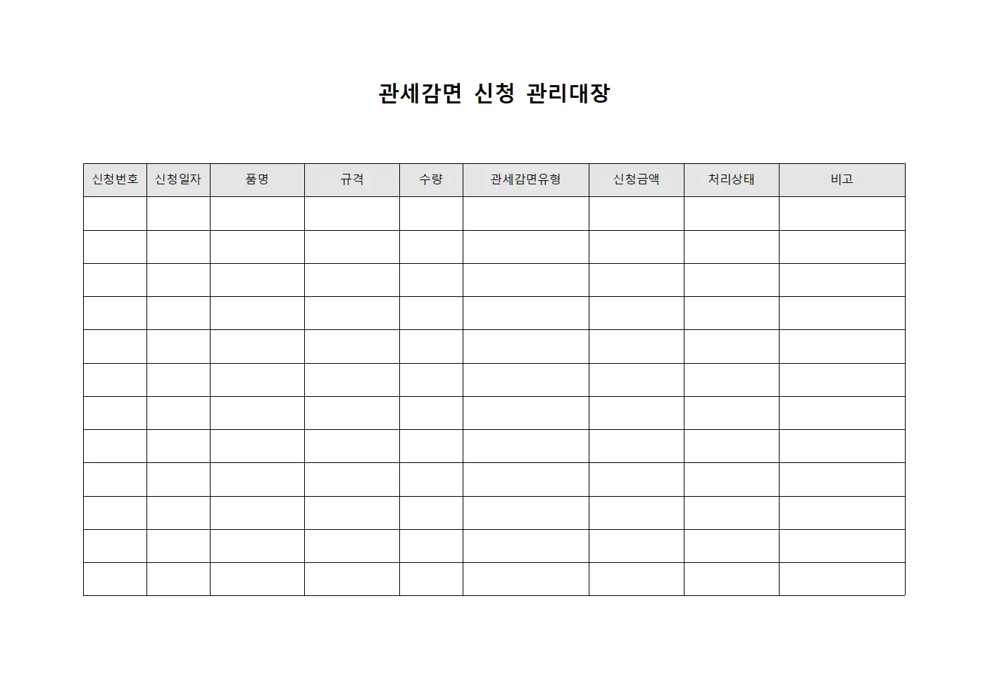 관세감면 신청 관리대장