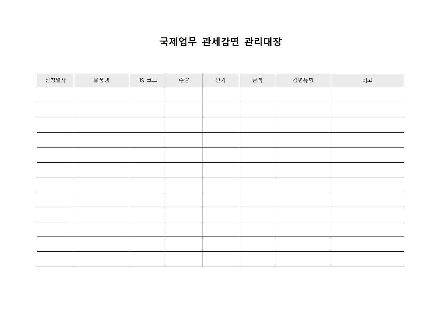 국제업무 관세감면 관리대장
