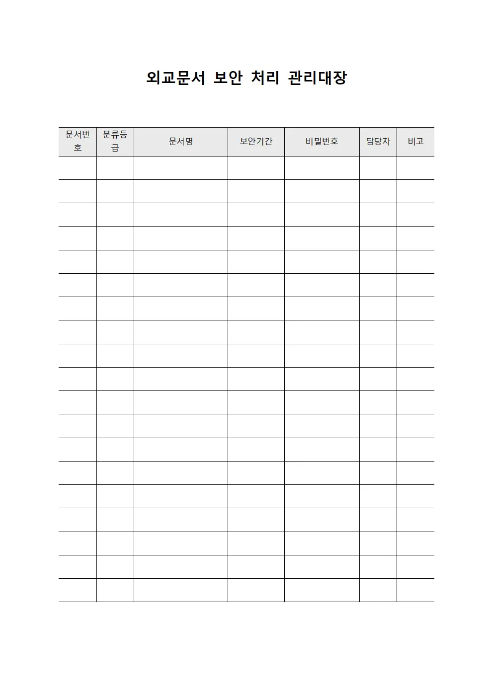 외교문서 보안 처리 관리대장