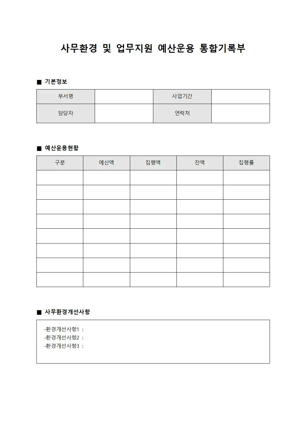 사무환경 및 업무지원 예산운용 통합기록부