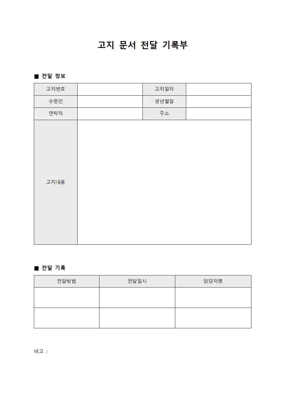 고지 문서 전달 기록부