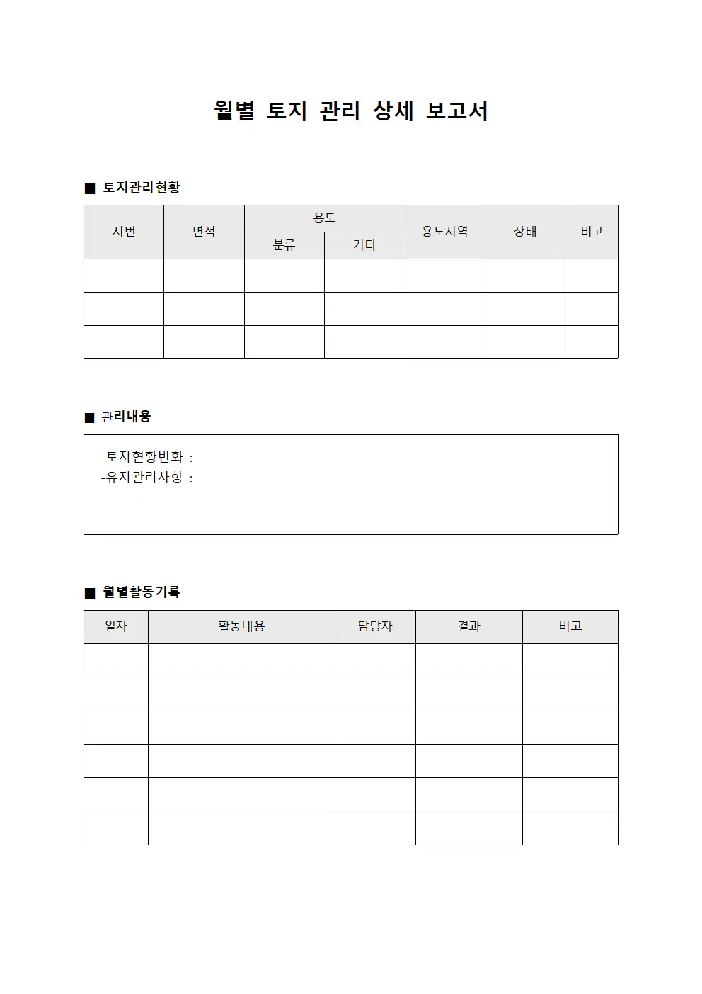 월별 토지 관리 상세 보고서 양식파일