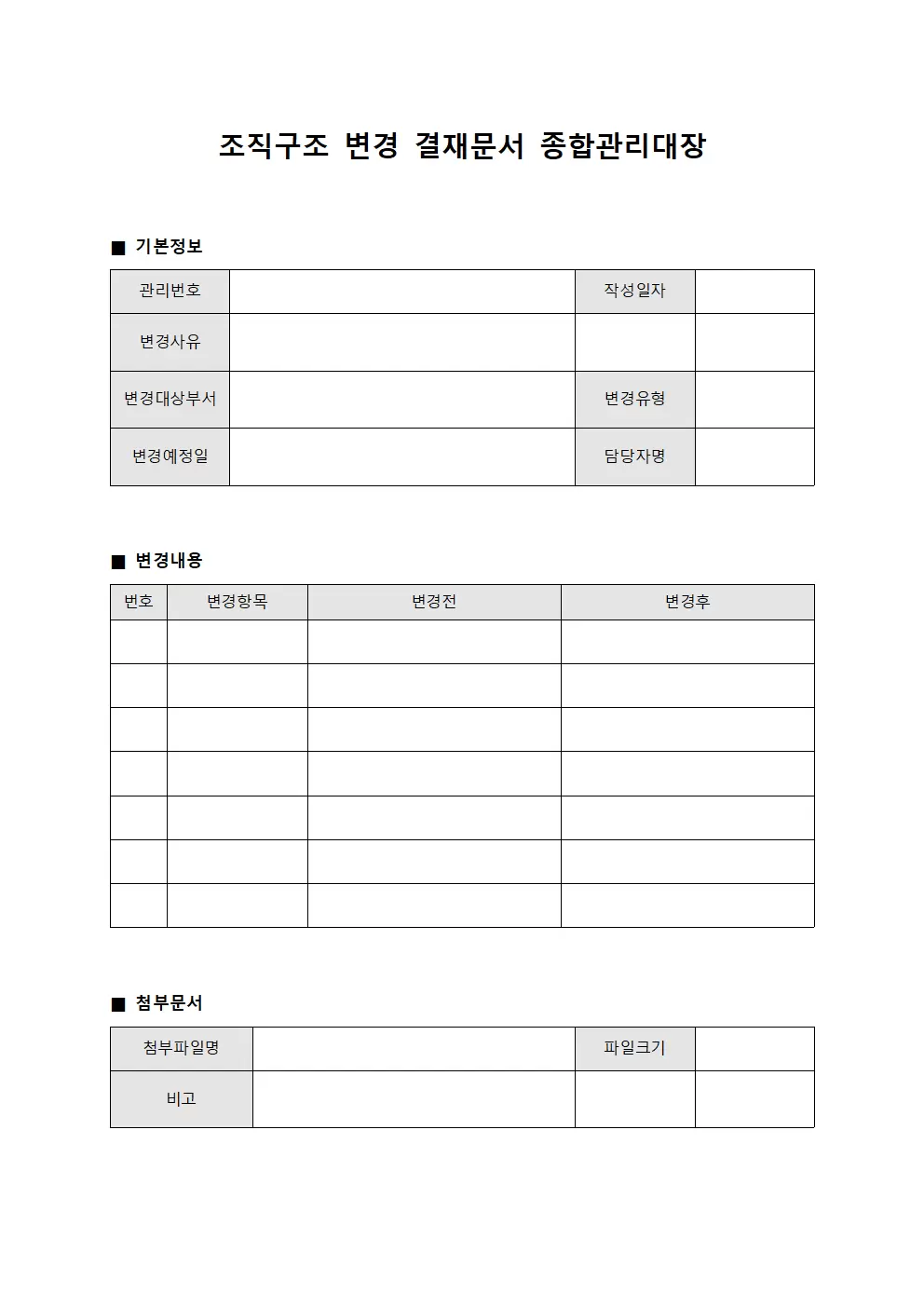 조직구조 변경 결재문서 종합관리대장 양식문서