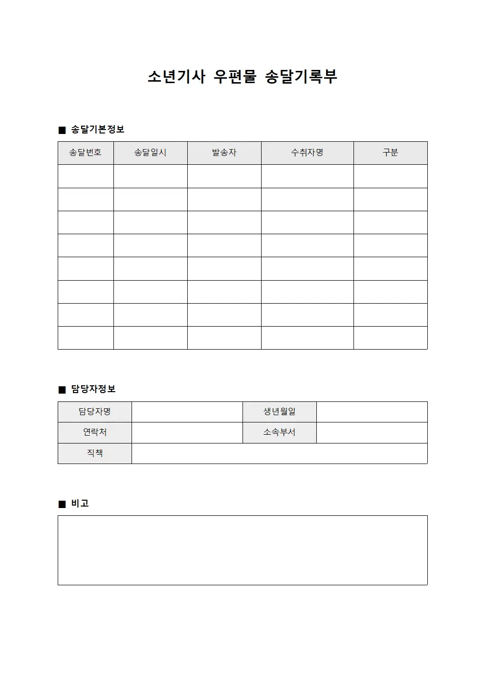 소년기사 우편물 송달기록부 양식