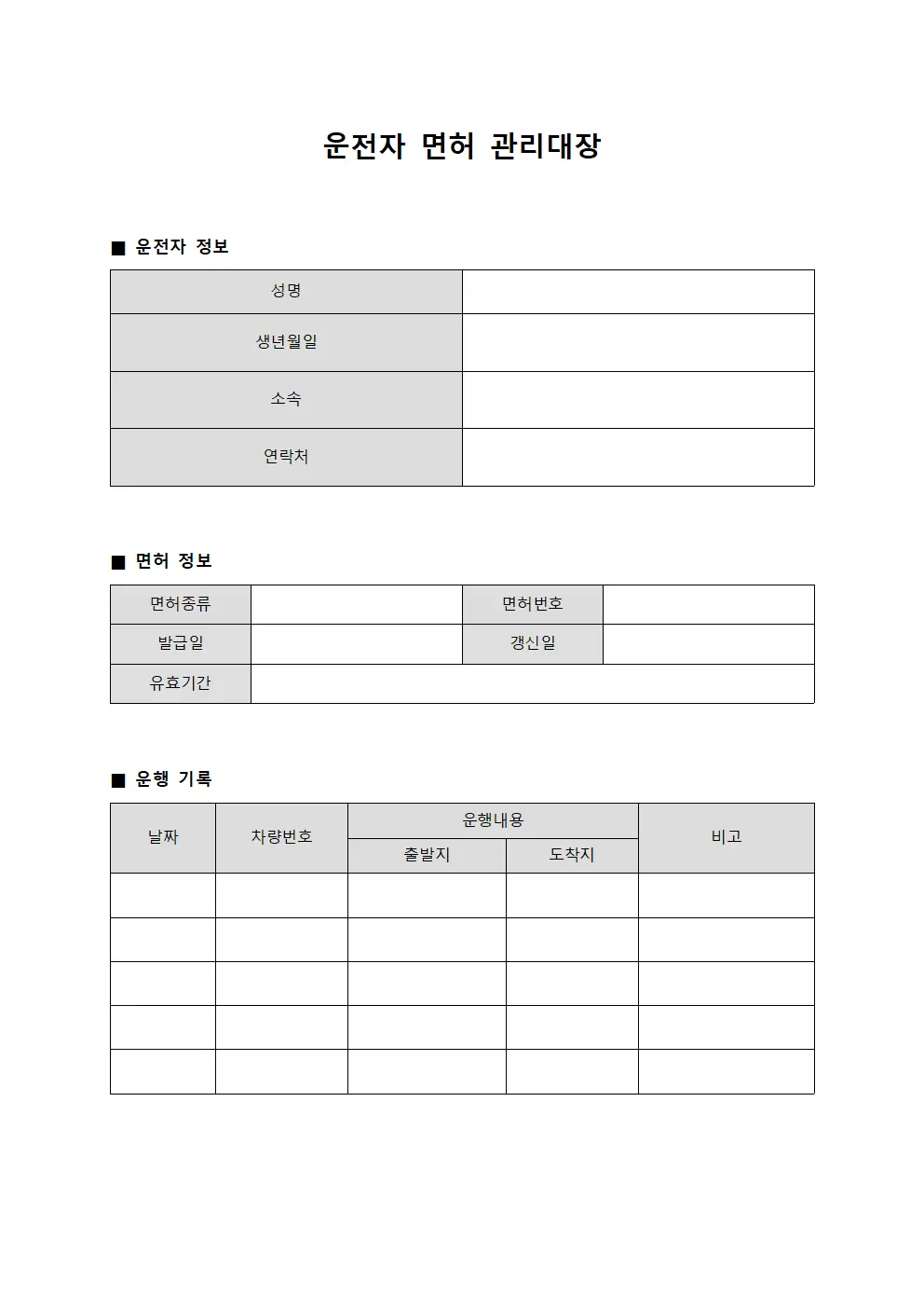운전자 면허 관리대장 파일서식