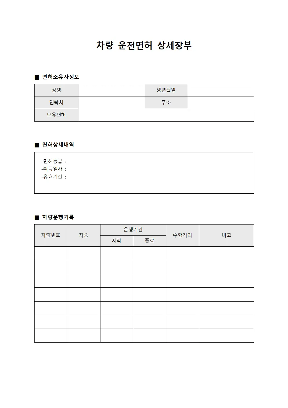 차량 운전면허 상세장부 문서.서식
