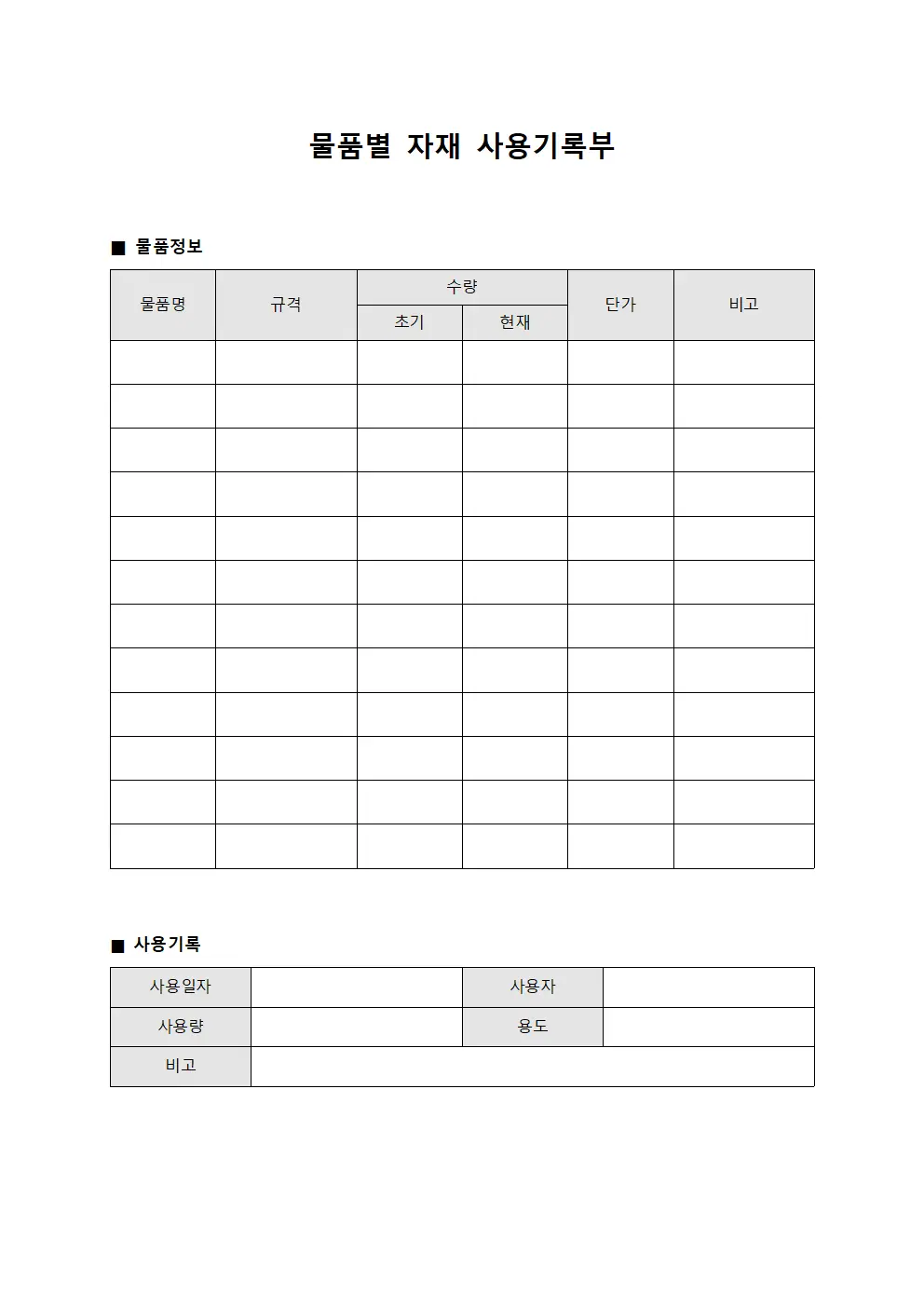 물품별 자재 사용기록부
