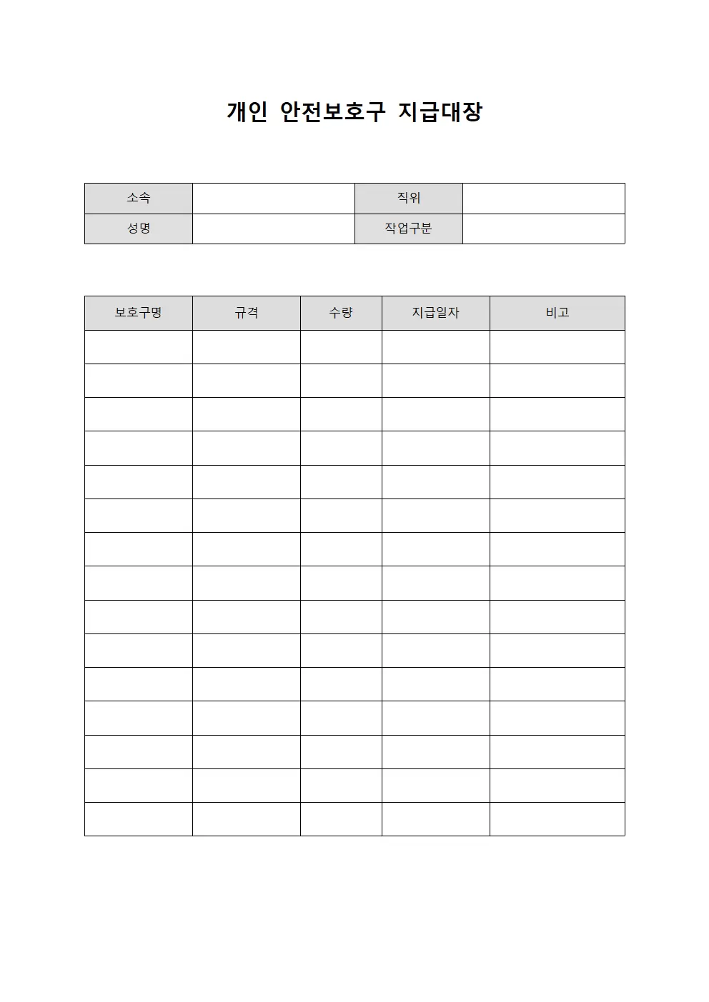 종사자 안전보호구지급대장 운영 템플릿