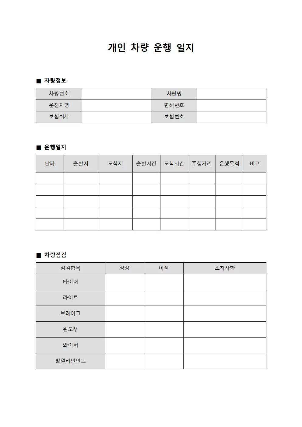 운반 차량 운행일지 점검대장 양식문서