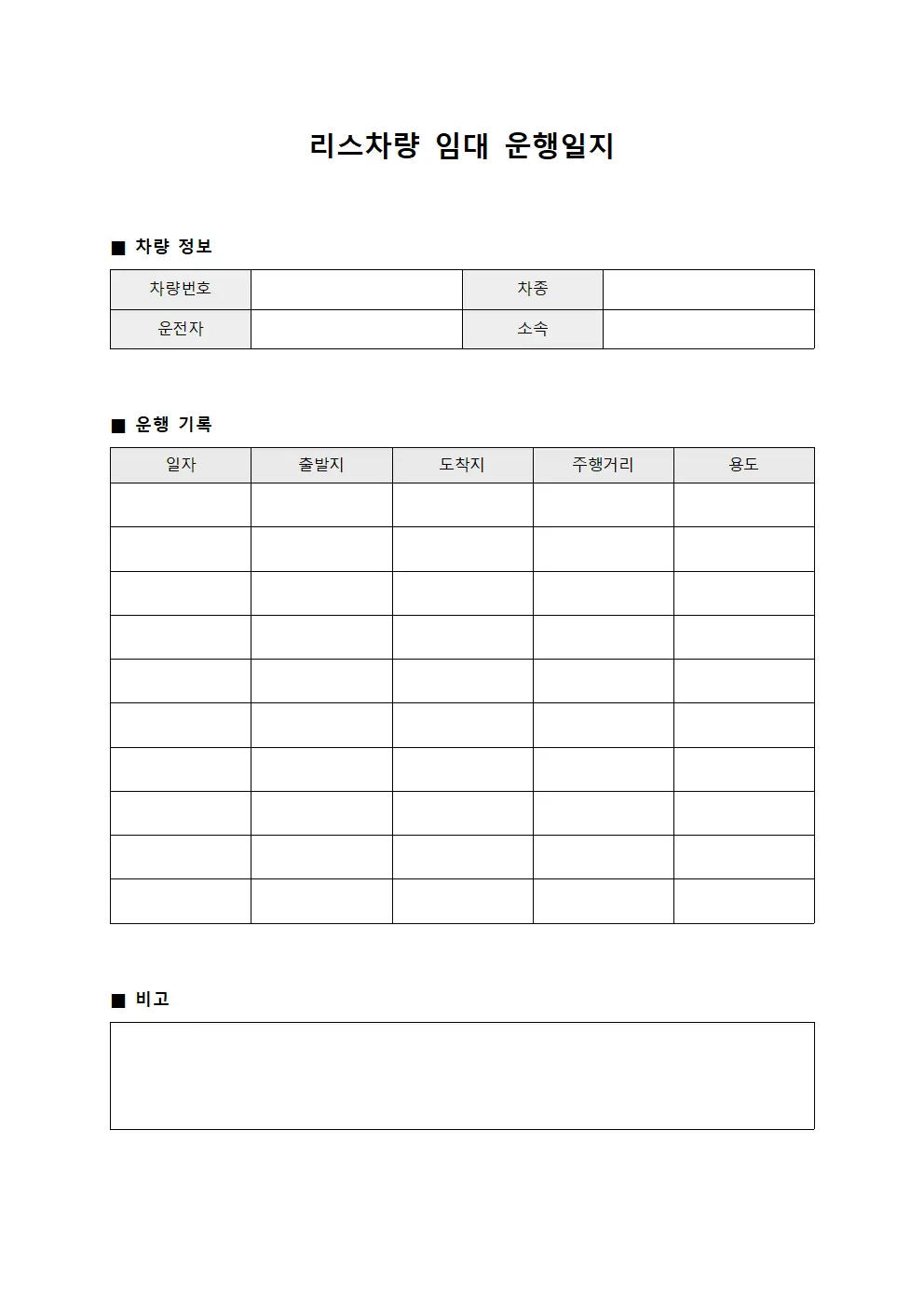 리스차량 임대 운행일지