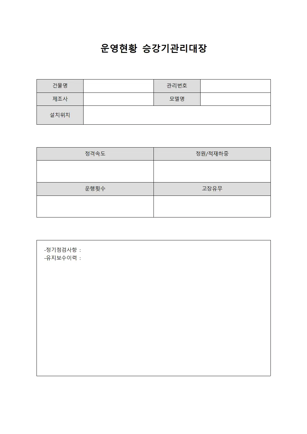 운영현황 승강기관리대장