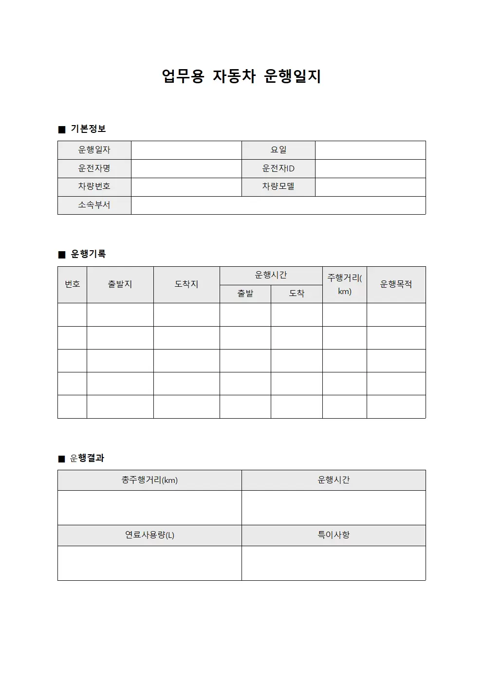 업무용자동차운행일지 - 일일
