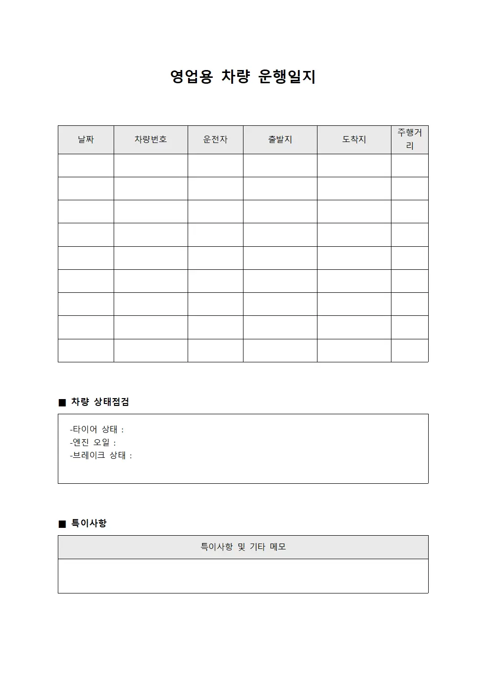 일일 영업용차량운행일지 점검표 서식문서