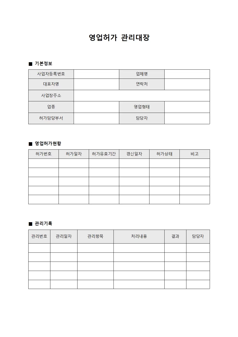 운영상황종합현황 영업허가관리대장
