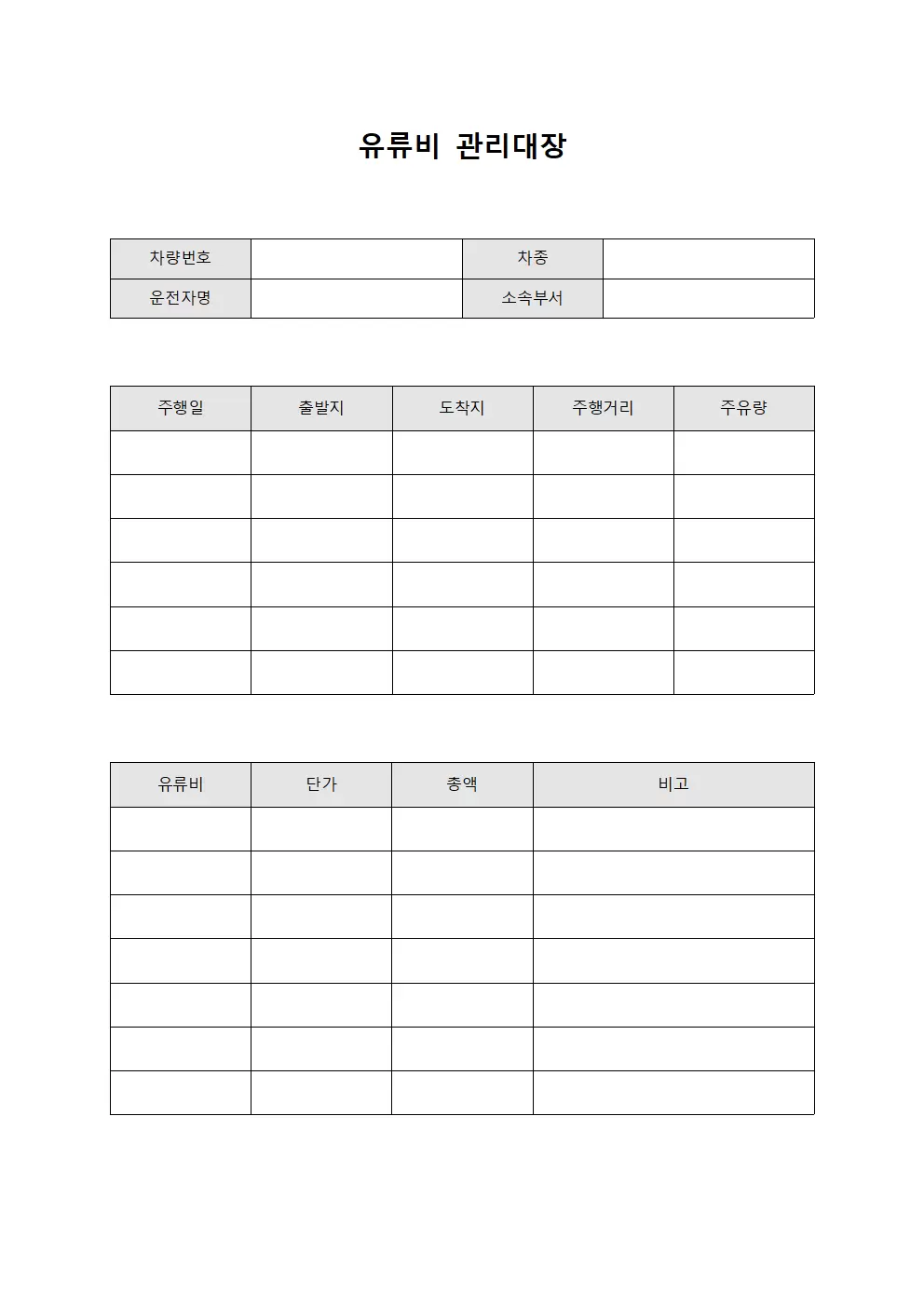 유류비관리대장 - 월별차량운영비