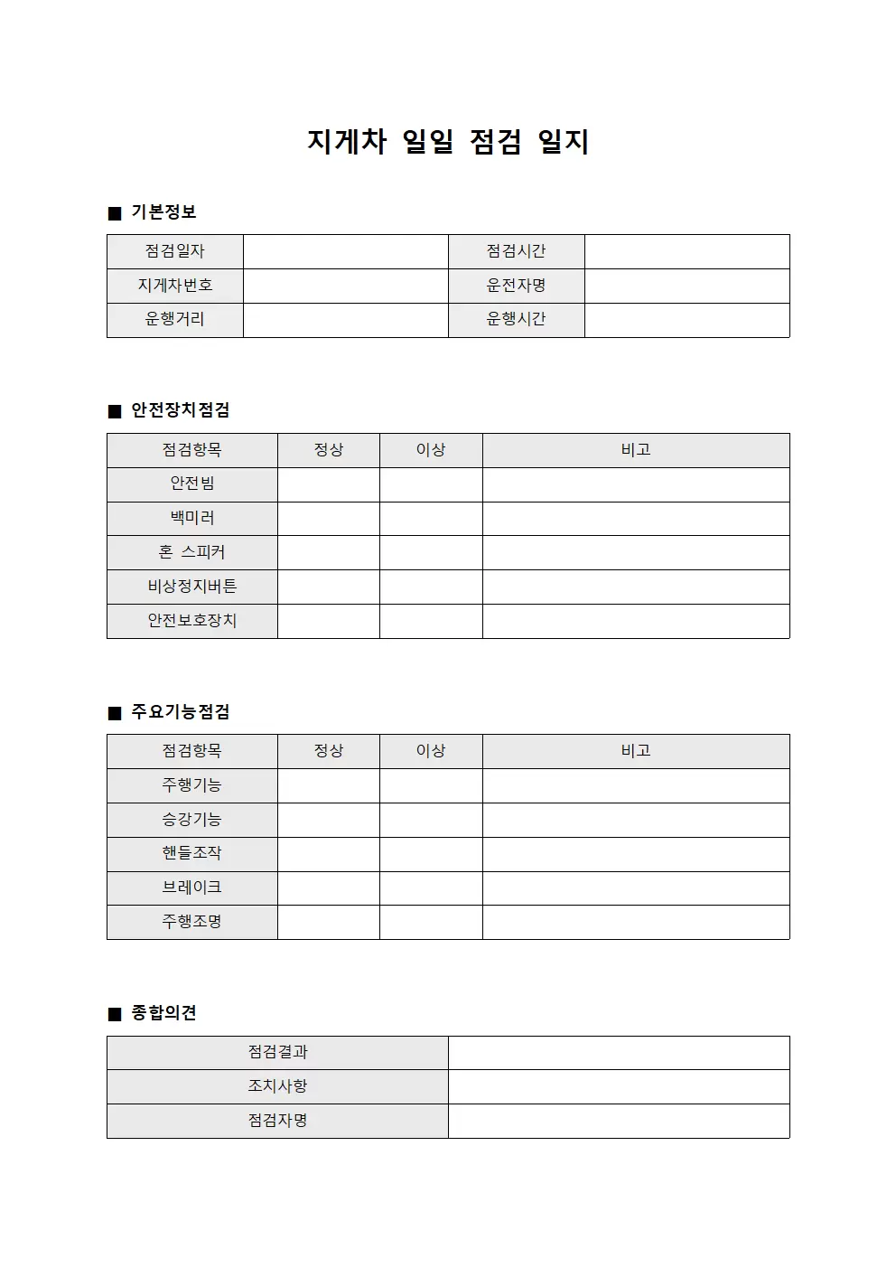 정기점검수행현황 지게차일일점검일지