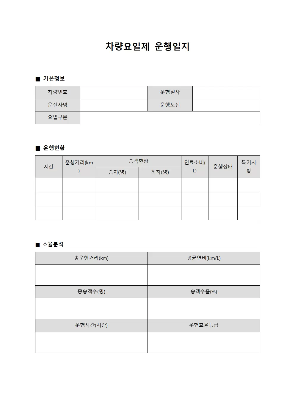 차량요일제운행일지 효율분석표 서식.양식