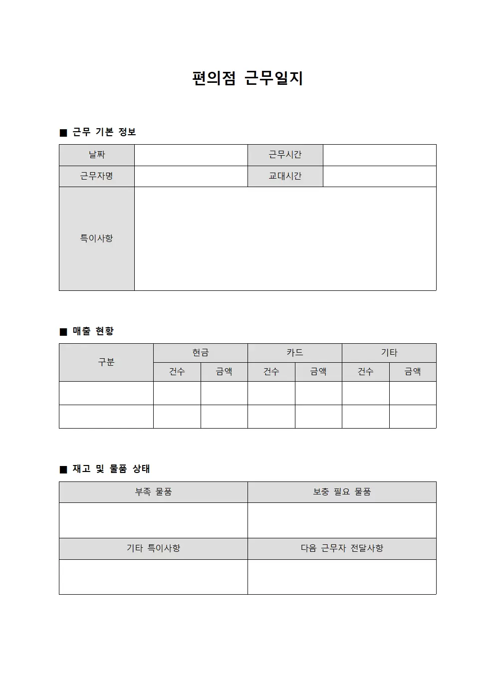 매출 현황 및 운영 편의점근무일지