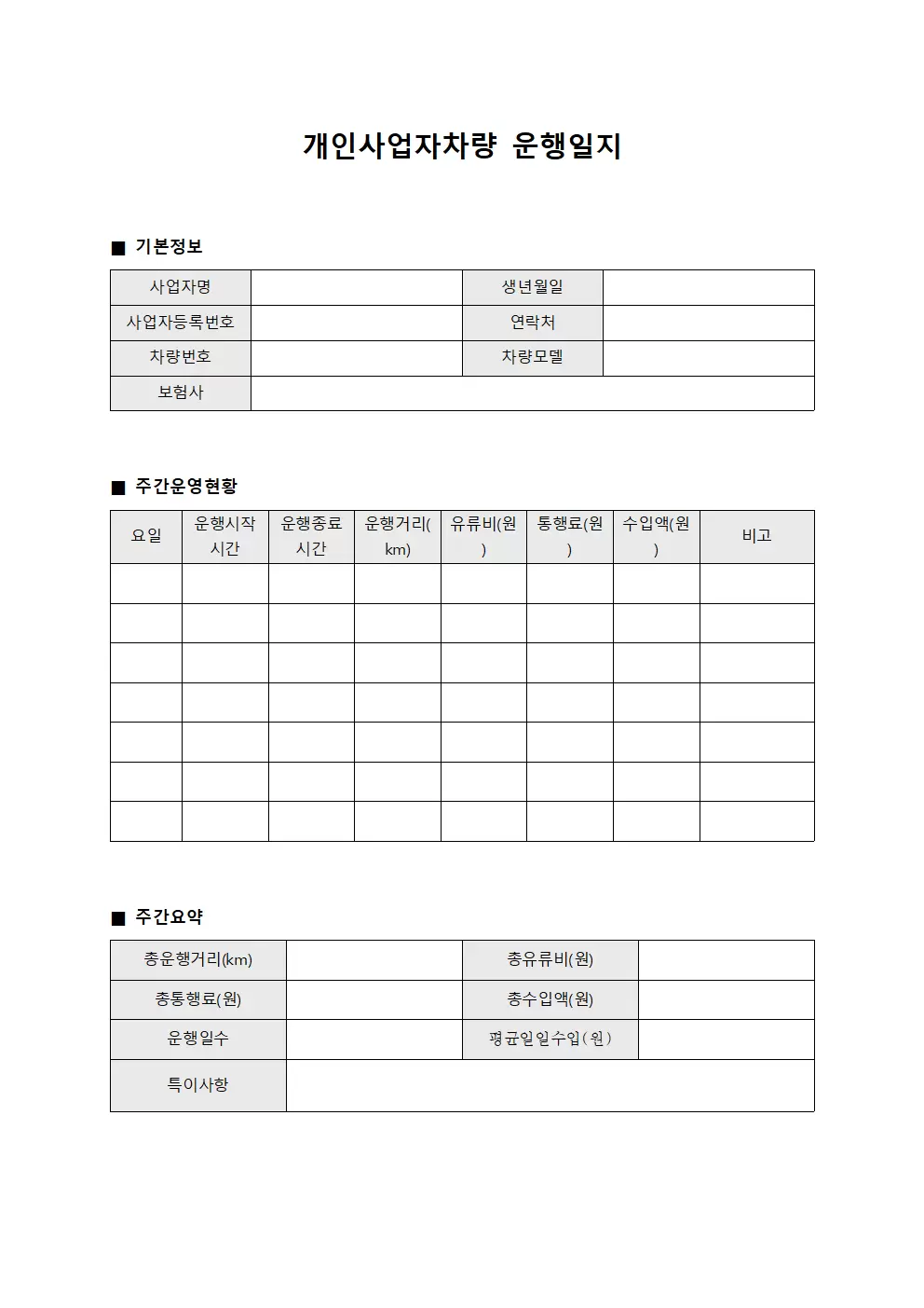 개인사업자차량 운행일지 - 주간 운영 보고서