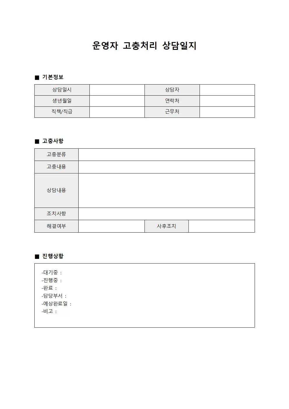 운영자 고충처리상담일지 추진현황